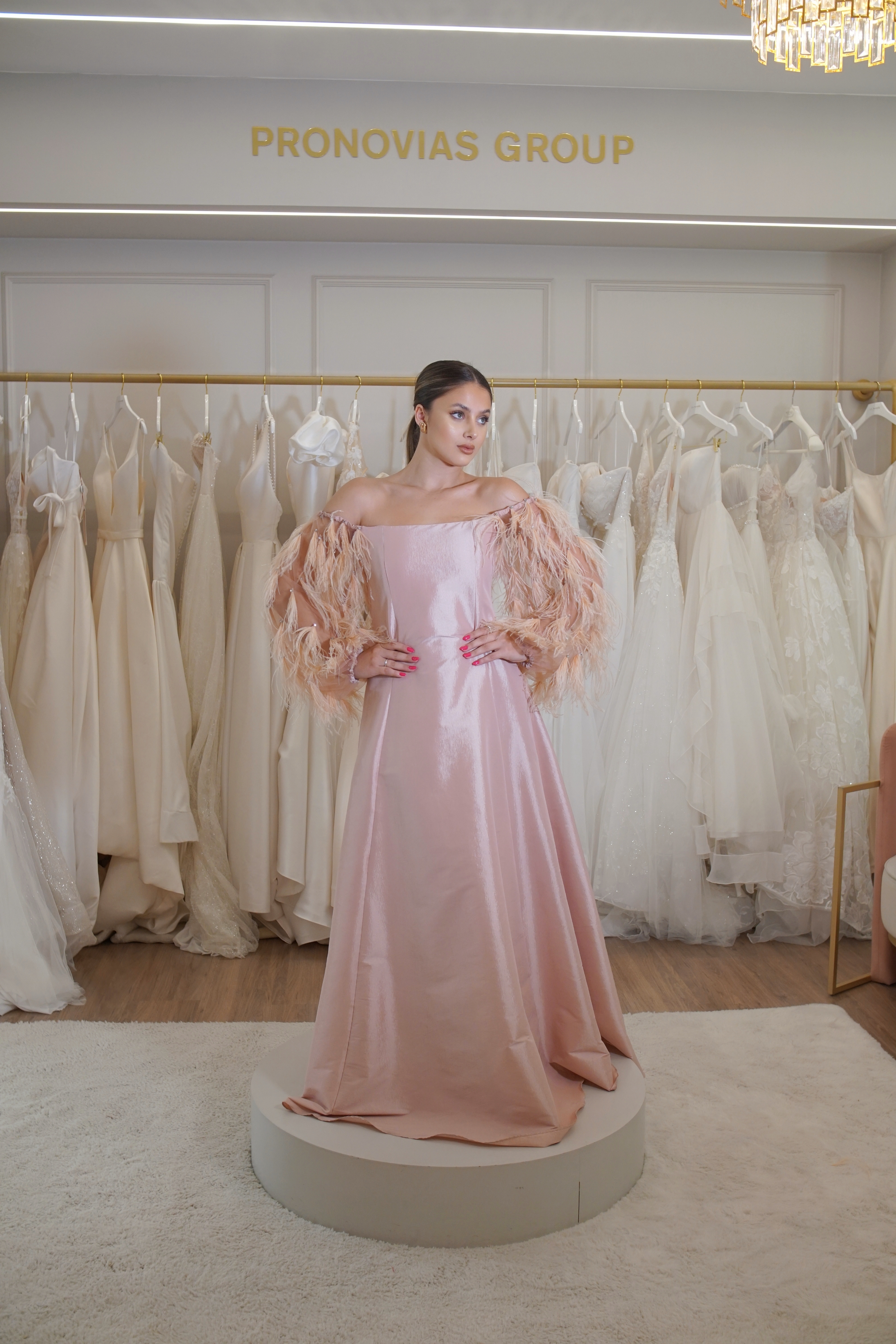 Vestido Rose Manga Longa Plumas